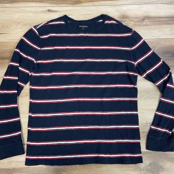 Banana Republic Shirt Mens Large Navy Blue Striped Waffle Knit Crewneck Sweater - Picture 1 of 7